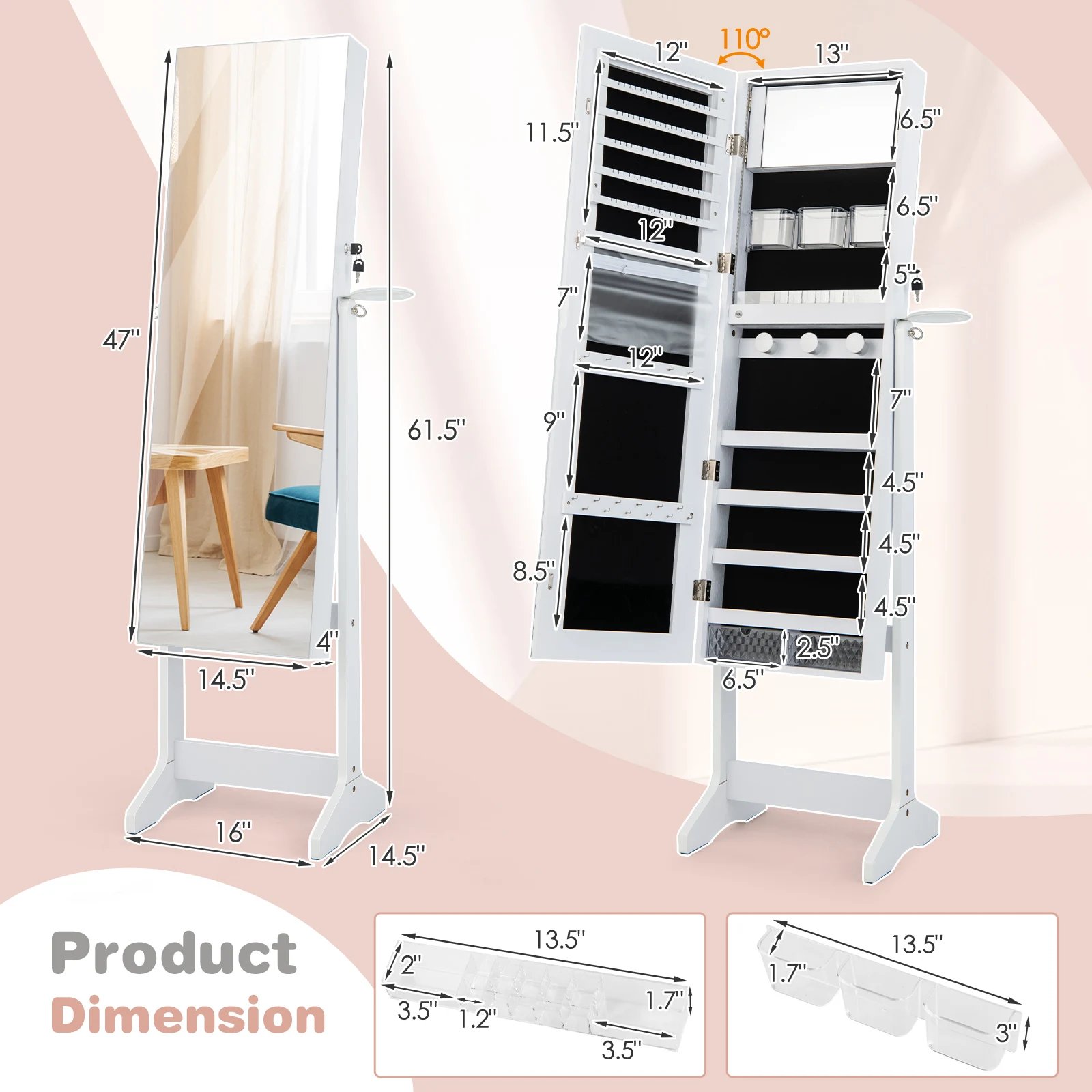 Standing Jewelry Cabinet Full Length Mirror Lockable w/ 3-Color LED Lights White