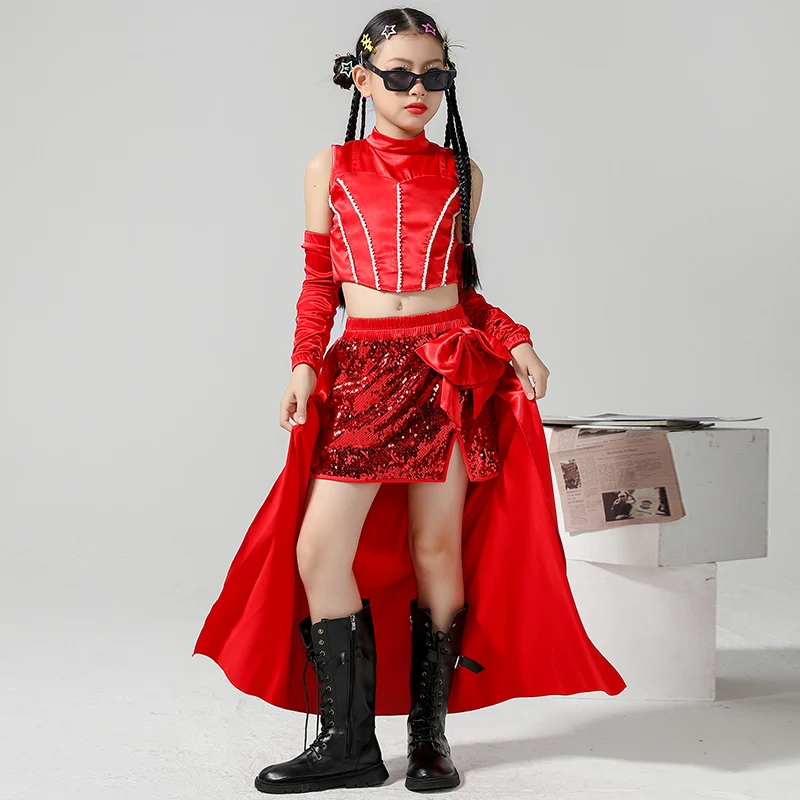 Children Clothing Red Tops Sequins Skirts Trailing Suit Girls Jazz Dance Costumes Hip Hop Performance Show Stage Wear DQS14741