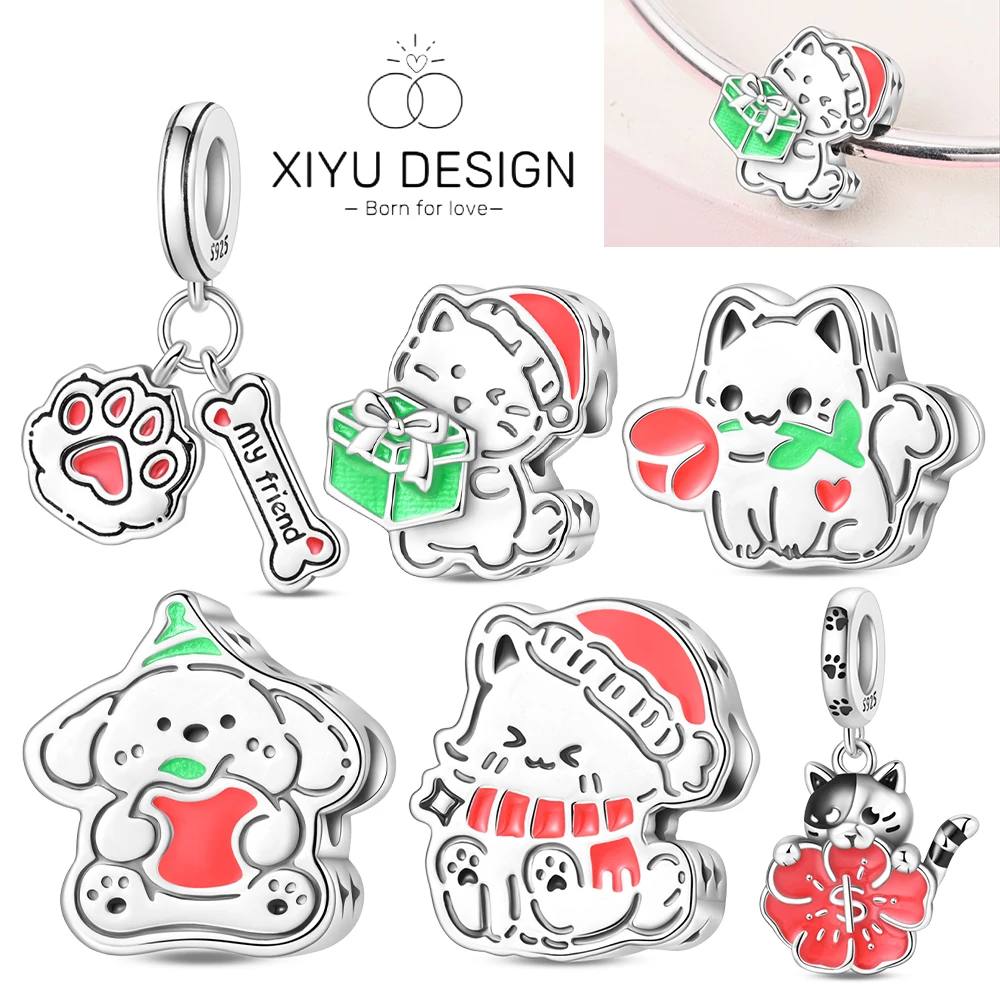 

Cute Pet Series Hand Drawn Style Kitten Charm Eat Fruit Bead Fit DIY 925 Silver Bracelet Necklace Women Anniversary Jewelry Gift