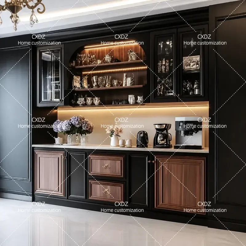 Retro Solid Wood Dining Side Cabinet Living Room Wall Integrated Bookcase Light Luxury Glass Display Cabinet Wine Storage
