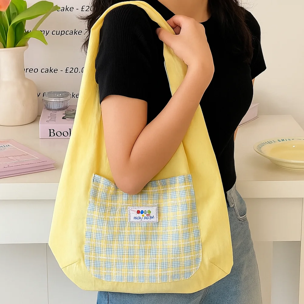 

Portable Sweet Double Sided Vest Bag Bowknot Cloth Lattice Shoulder Bag Japanese Style Leisure Canvas Tote Bag Travel