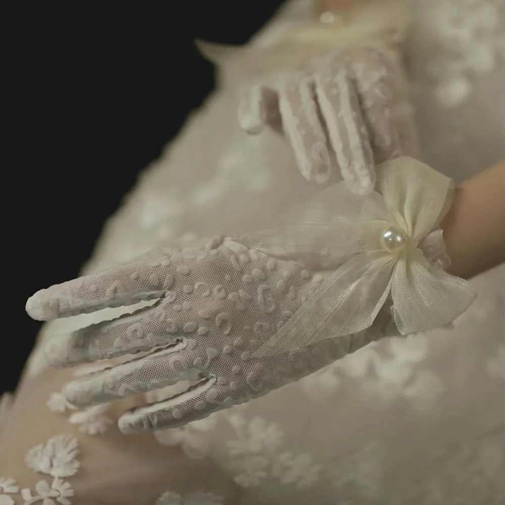 

Sunscreen Elegant Women Girls Wedding Pearls Bridal Mittens Lace Bow Gloves White Gloves Ruffle