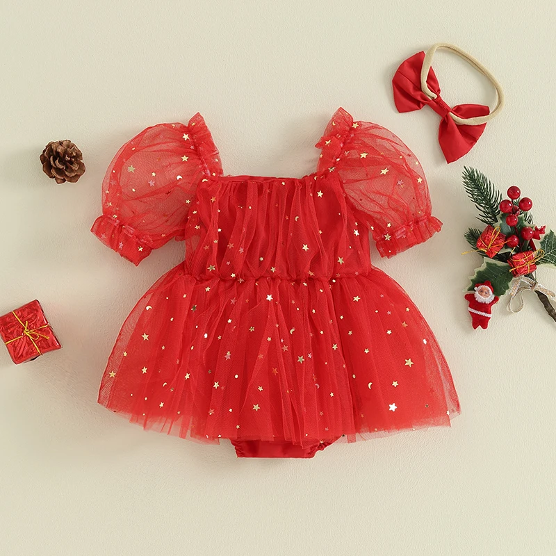 Christmas Baby Girls Short Puff Sleeve Romper Star Lace Mesh Tulle Jumpsuits + Headband Set Newborn Clothes Outfits