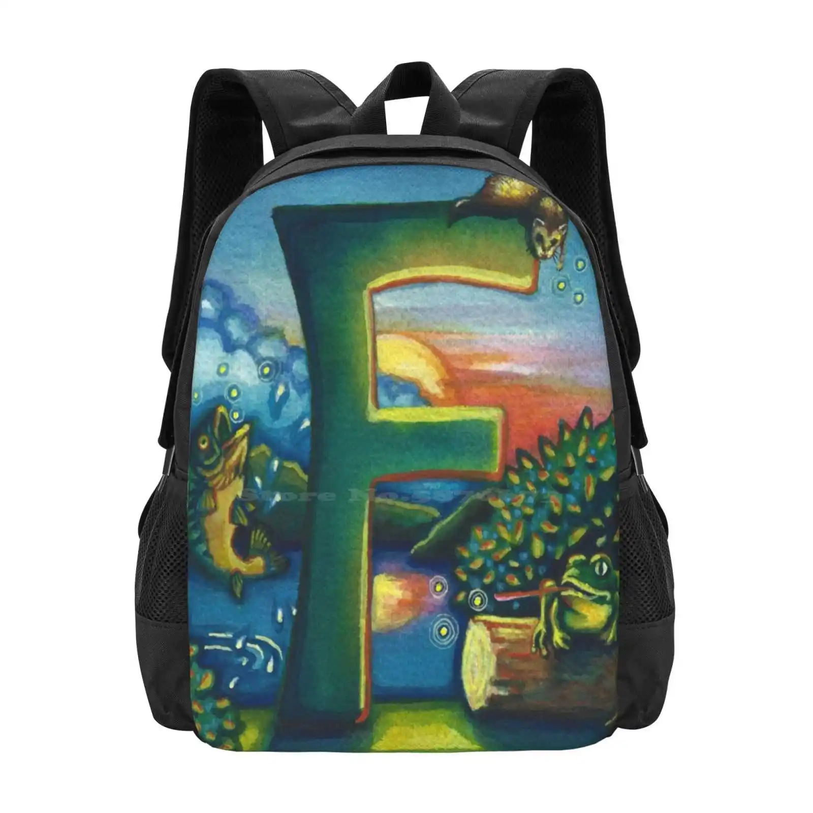 Alphabet Letter F Hot Sale Backpack Fashion Bags Watercolor Alphabet Letter F Emily L Taylor Frog Fish Flies Ferret