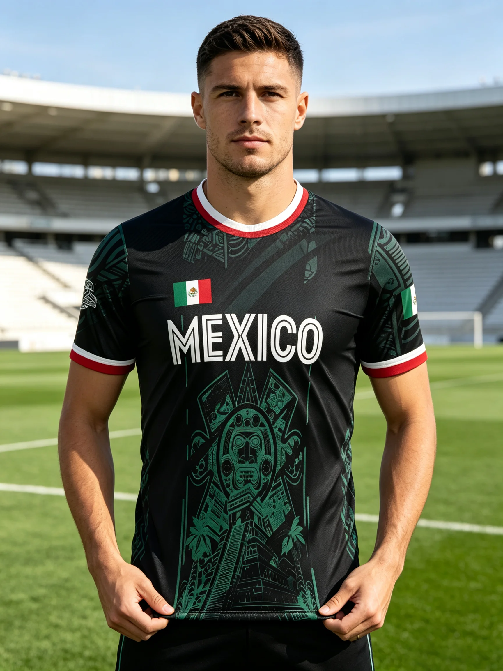 Mexico themed football jersey,dark‑green tribal building print,mini flag badge,moisture‑wicking fabric,athletic fit