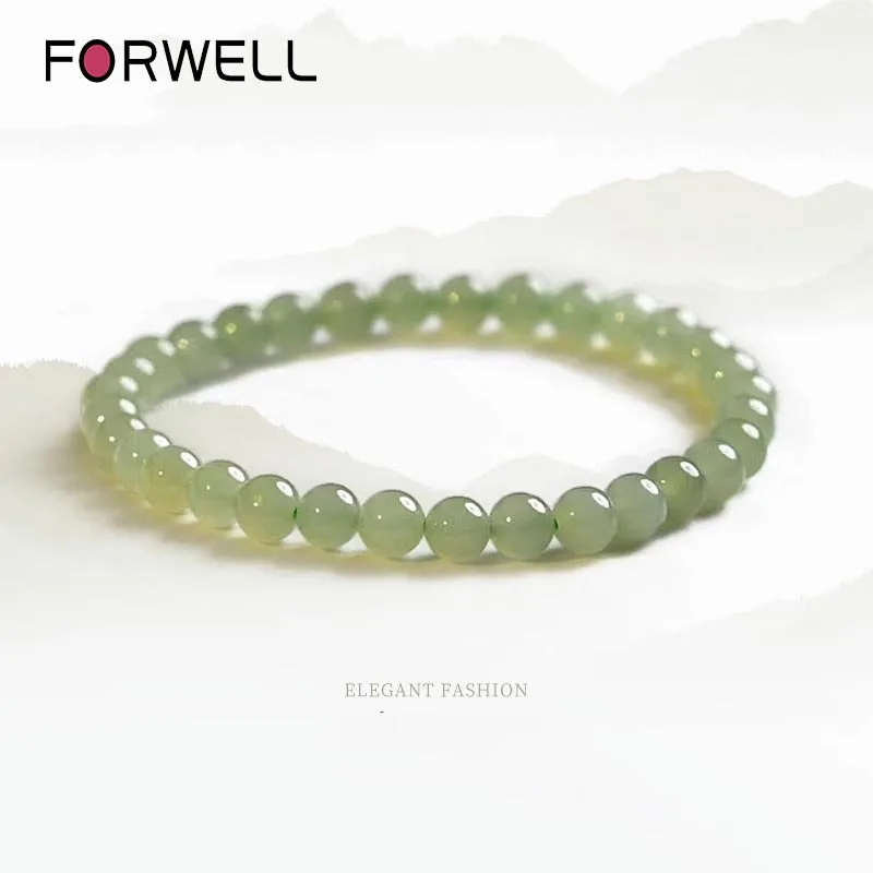Natural Hetian Jade Bracelet Unisex Clear Water Green White Jade Bangle Beads With Gold Spacer Beads Lucky Fortune Blessing Luck