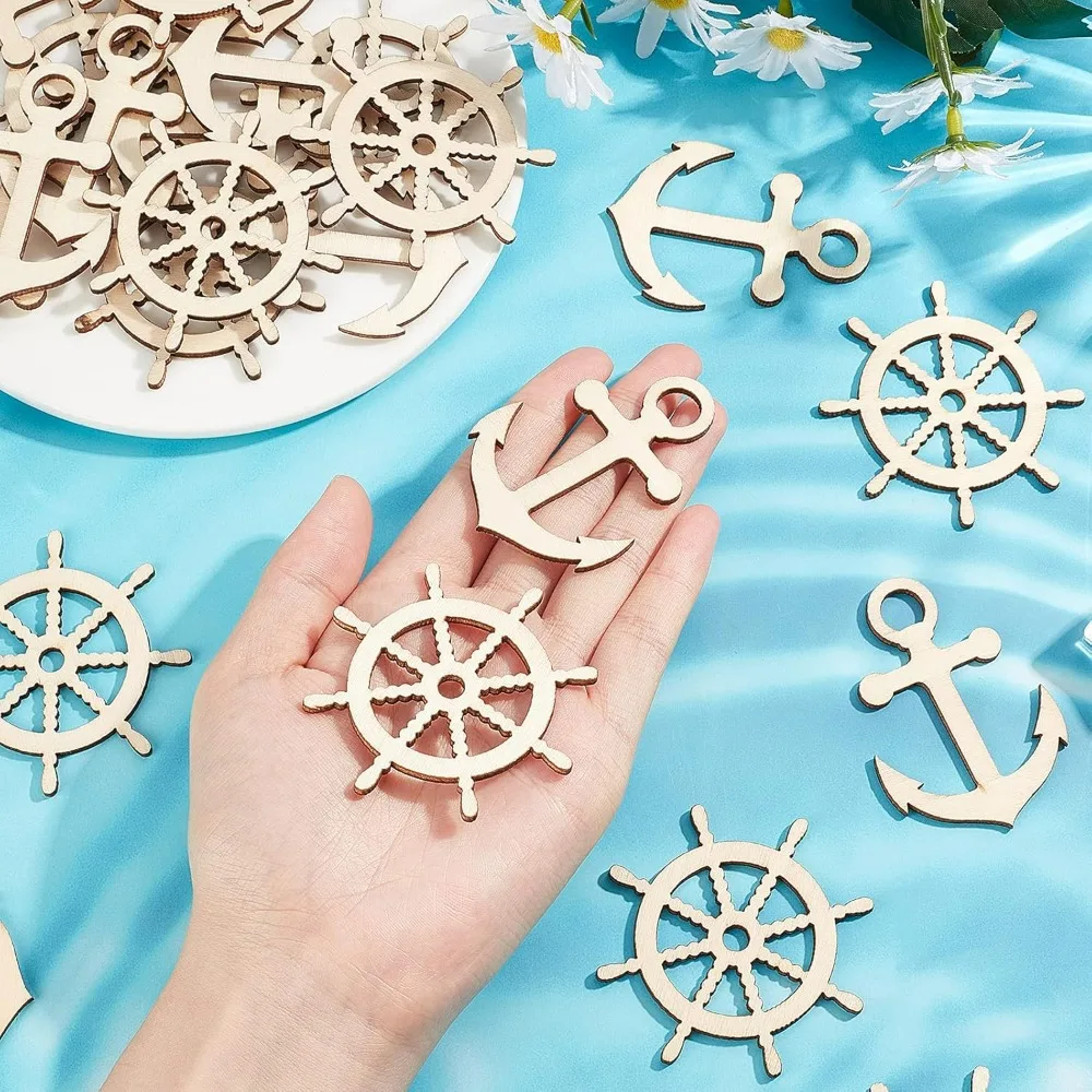 about 60Pcs 2 Style BurlyWood Wooden Anchor Rudder Shape Decoration Laser Cut Nautical Big Pendants Unfinished Wood Anchor