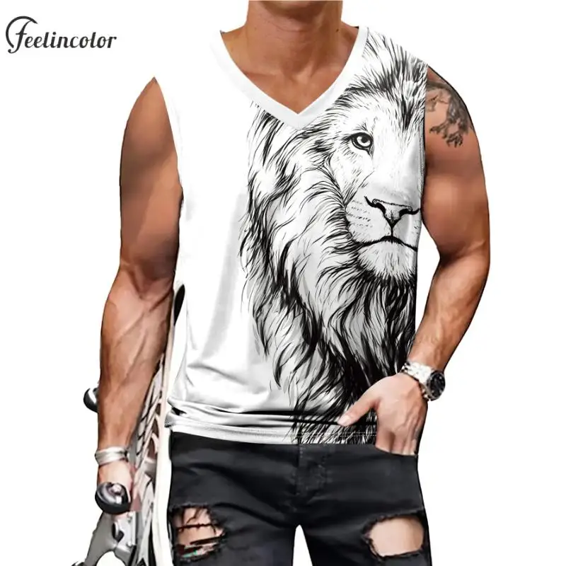 

Men Sleeveless Shirt Lion 3D Printed Vest Male Fashion Streetwear Summer V-neck Casual Shirt Male Outdoor Sports Clothes S-XXL