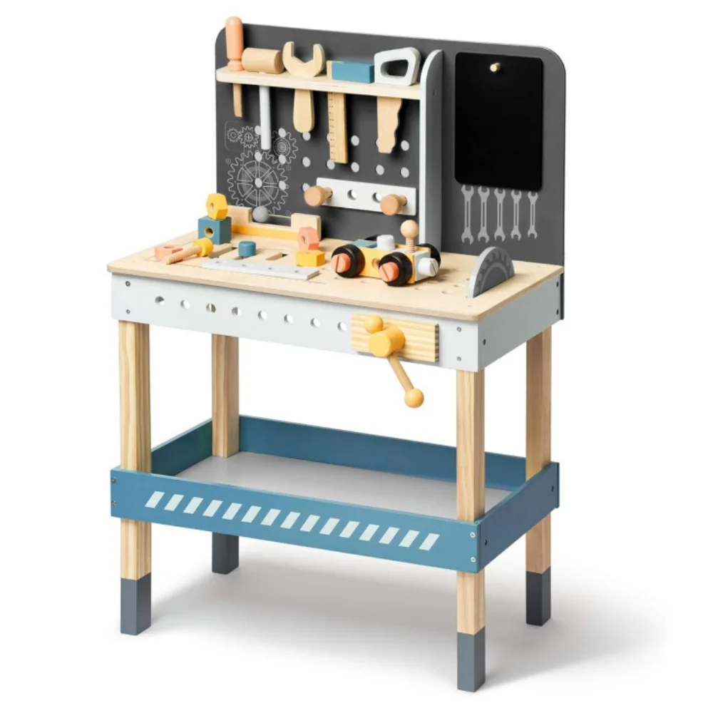 Robotime キッズツールベンチ 木製おもちゃツールベンチ 本物そっくりのツールと電動ドリル付き 子供向けごっこ遊び学習 ブルー