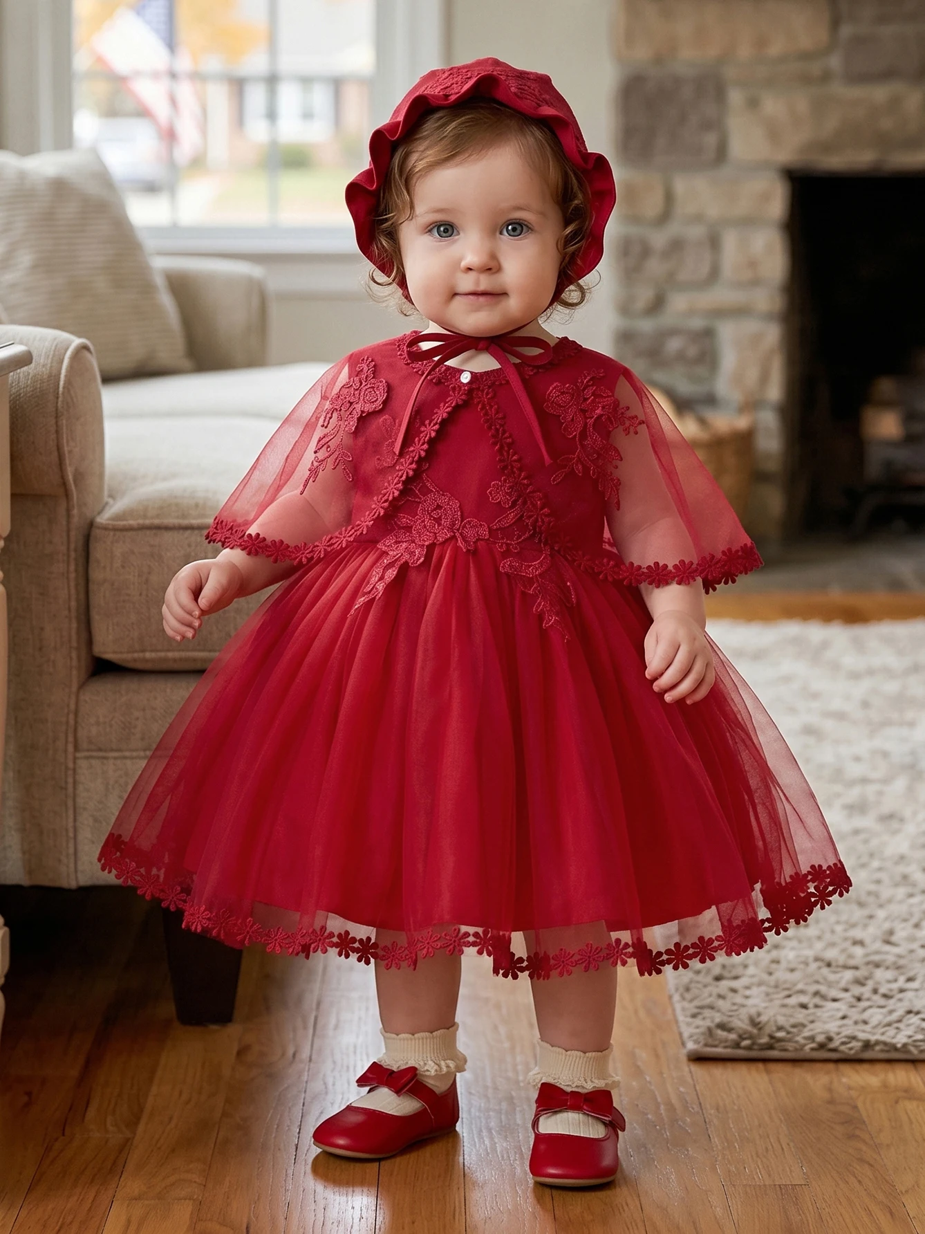 Baby Girls Red Lace Cape Tulle Dress With Bonnet Floral Trim Elegant Princess Gown For Birthday Wedding Gift Elegant Celebration