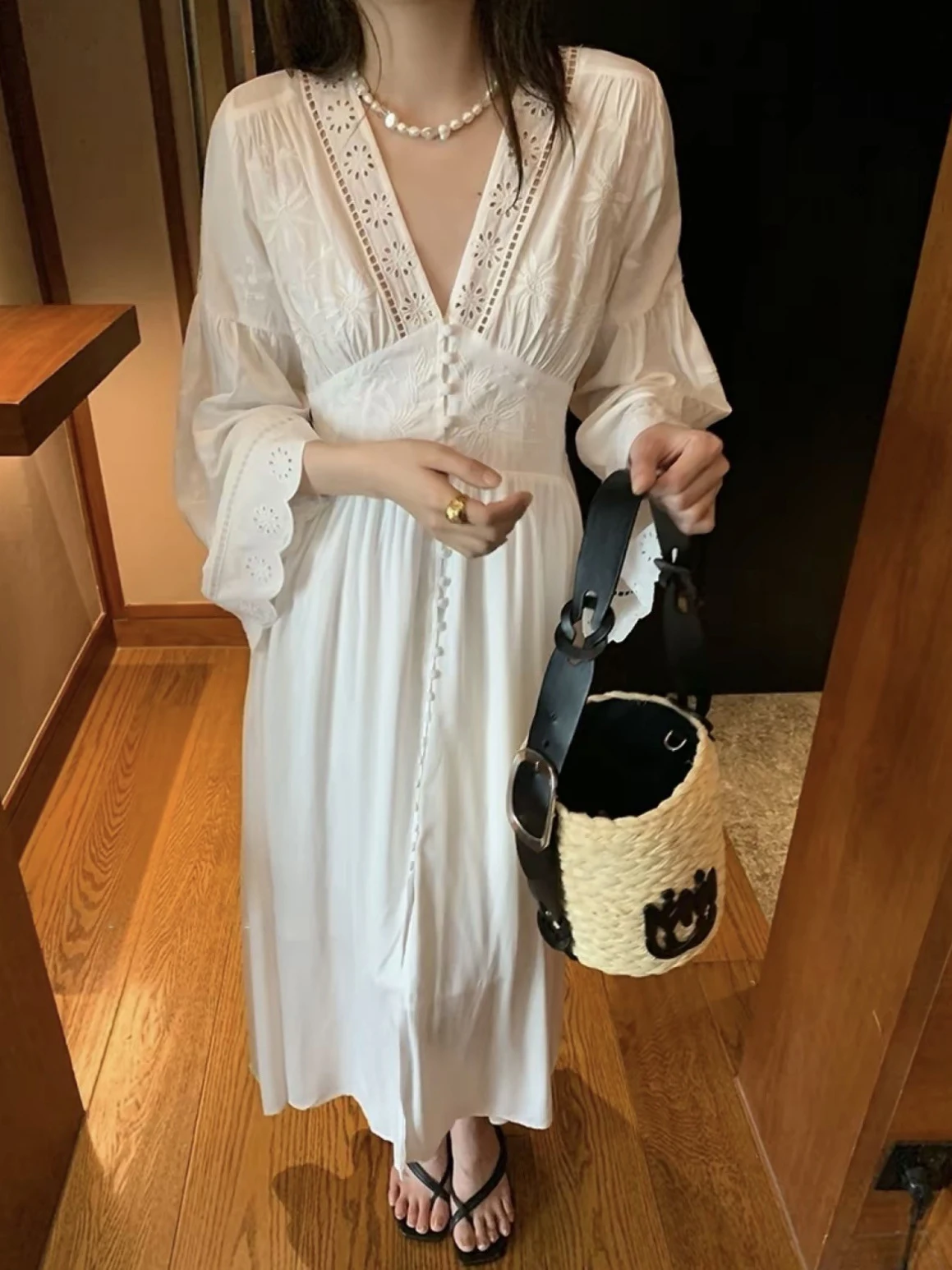 

French Holiday Heavy Hollow Embroidery Dress Spring Autumn White Long Sleeve V-neck Button Midi Dresses Bohemian Beach Dress
