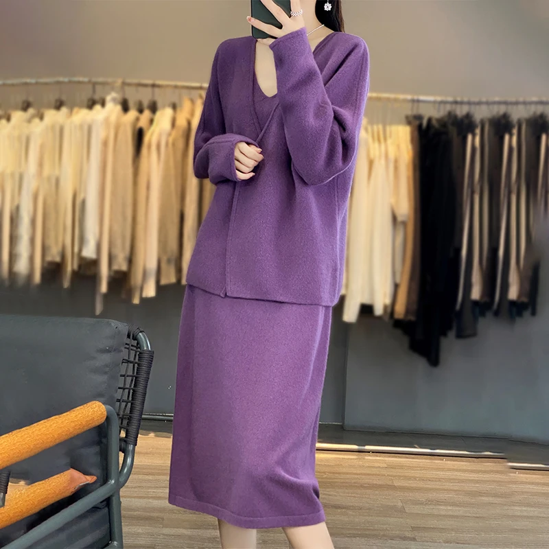 RONGYI 2024 Autumn And Winter New Women\'s 100% Wool Cardigan Suit Knitted Solid Color Dress V-Neck Fashion And Leisure