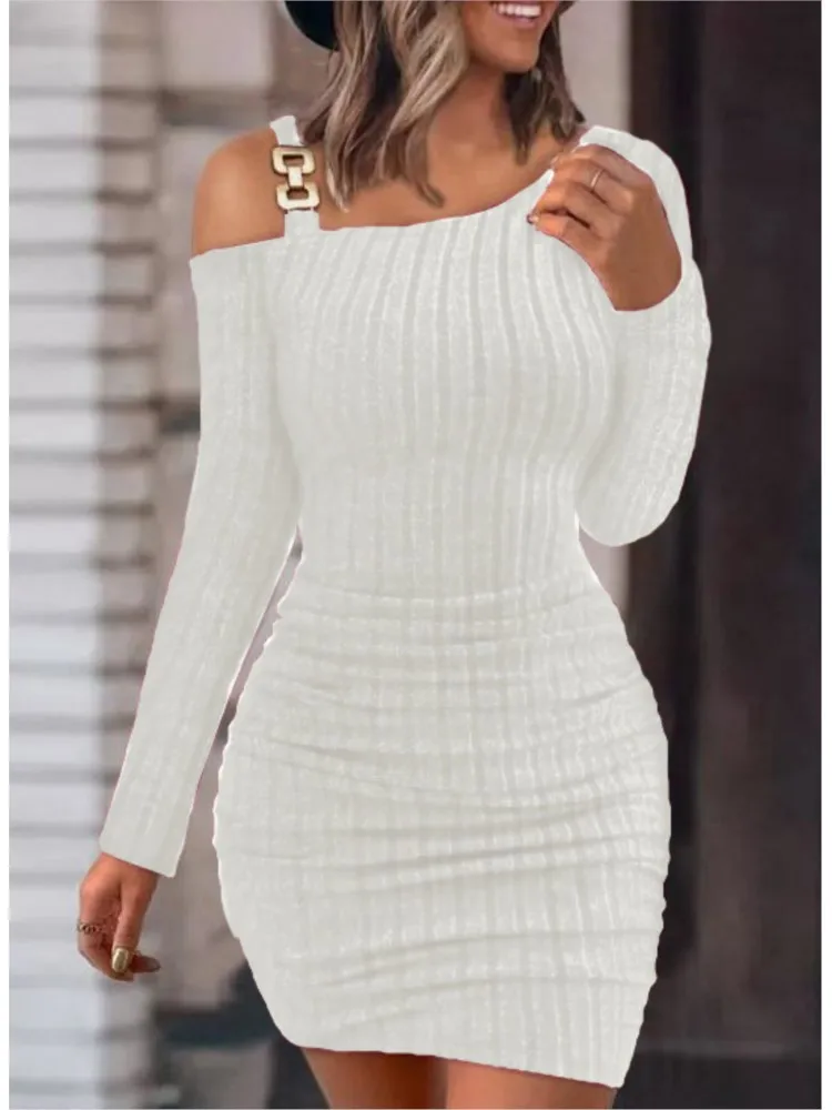 Fashion Women Chain Decor Cold Shoulder Ribbed Bodycon Dress New Autumn Winter Solid Casual Long Sleeve Skinny Mini Dresses