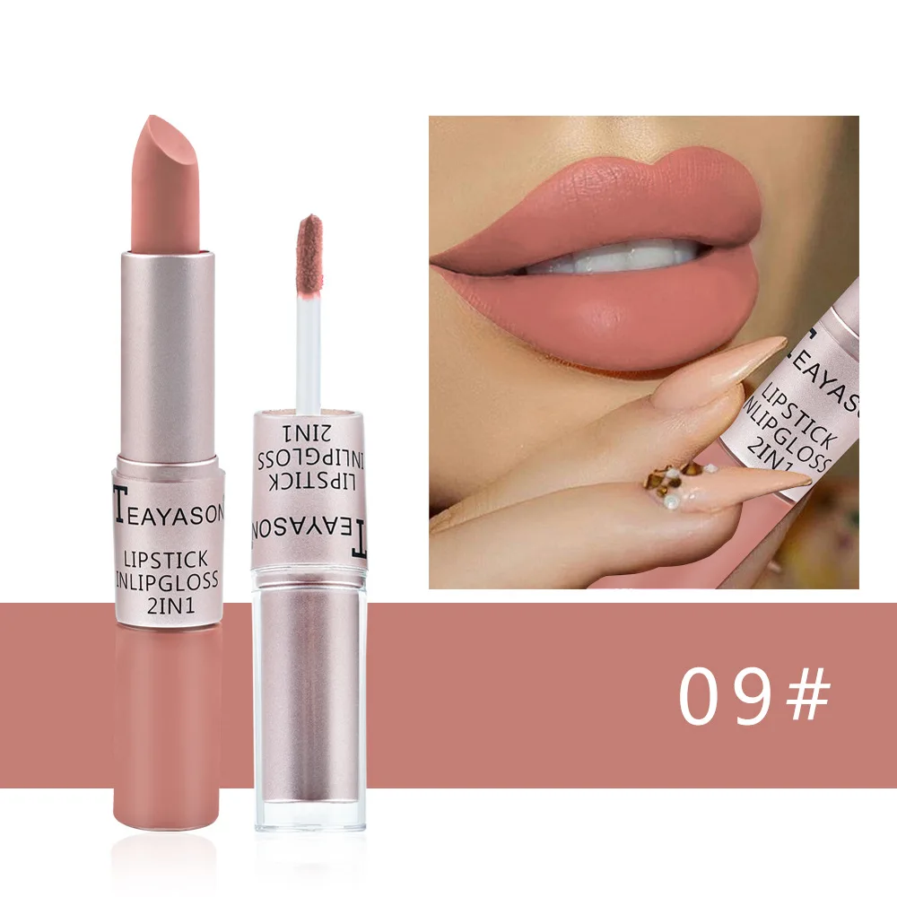 Doppelkopf-Lippenstift aus mattem Samt, Lipgloss, 2-in-1-Stick, Antihaft-Cup-Lippentönung, praller, wasserfester Lippenstift, langanhaltendes Make-up