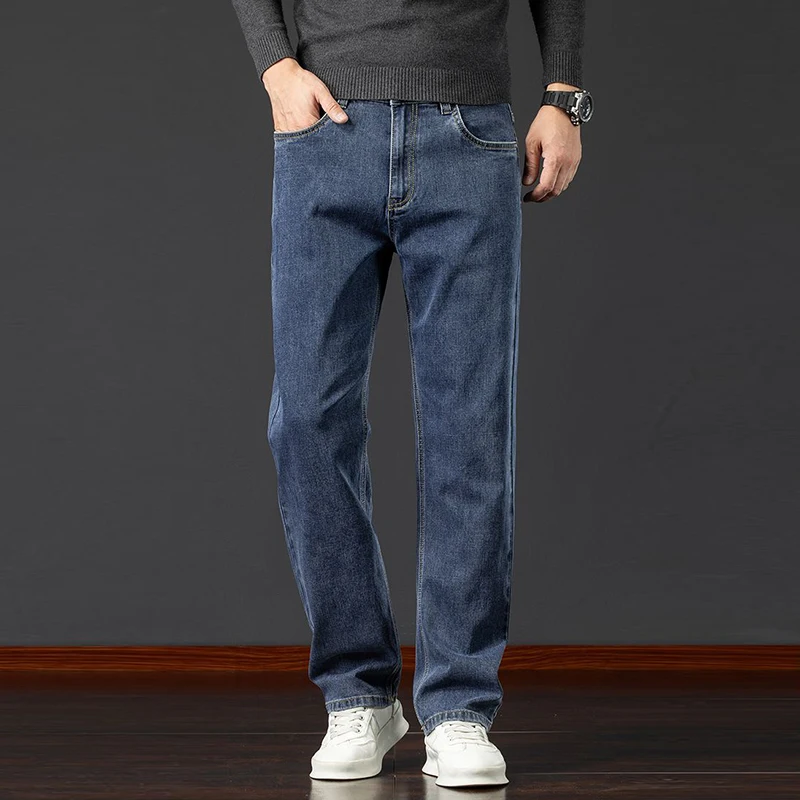 Men Autumn Winter Warm Loose Straight Jeans Male Fleece Lined Thickened Slim Fit Denim Pants Look Taller Elasticity Trousers