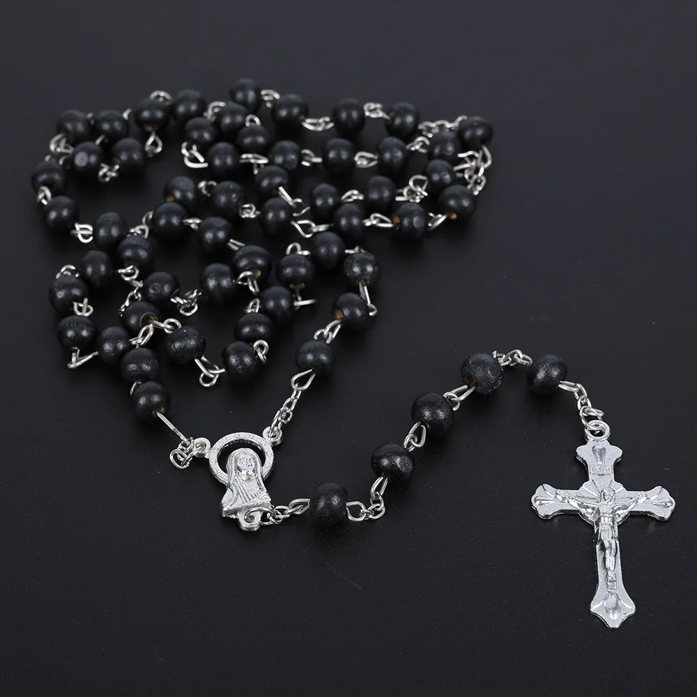 Wooden Religious Rosary Necklace For Women Men 6MM Wood Beads Long Y Chain Crucifix Cross Pendant Prayer Party Jewelry