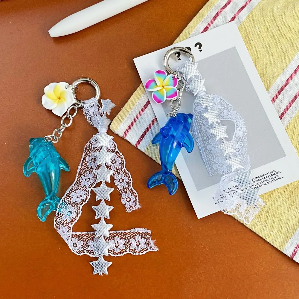 Cute Retro Dolphin Lace Flower Bag Charm Y2K Summer Beach Island Ocean Tassel Keyring Phone Lanyard Backpack Purse Decor Gift