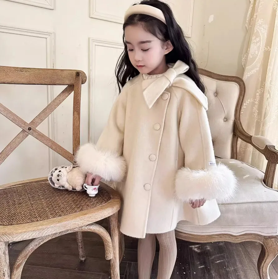 Girls Wool Coat Autumn Winter New Arrival Sweet Loose Warm Jacket Children's Outerwear Fashion Kids Clothing