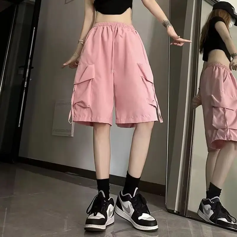 

Женские шорты-карго с высокой талией в американском стиле, уличная мода, летние широкие брюки, модные женские свободные шорты с большими карманами, новинка