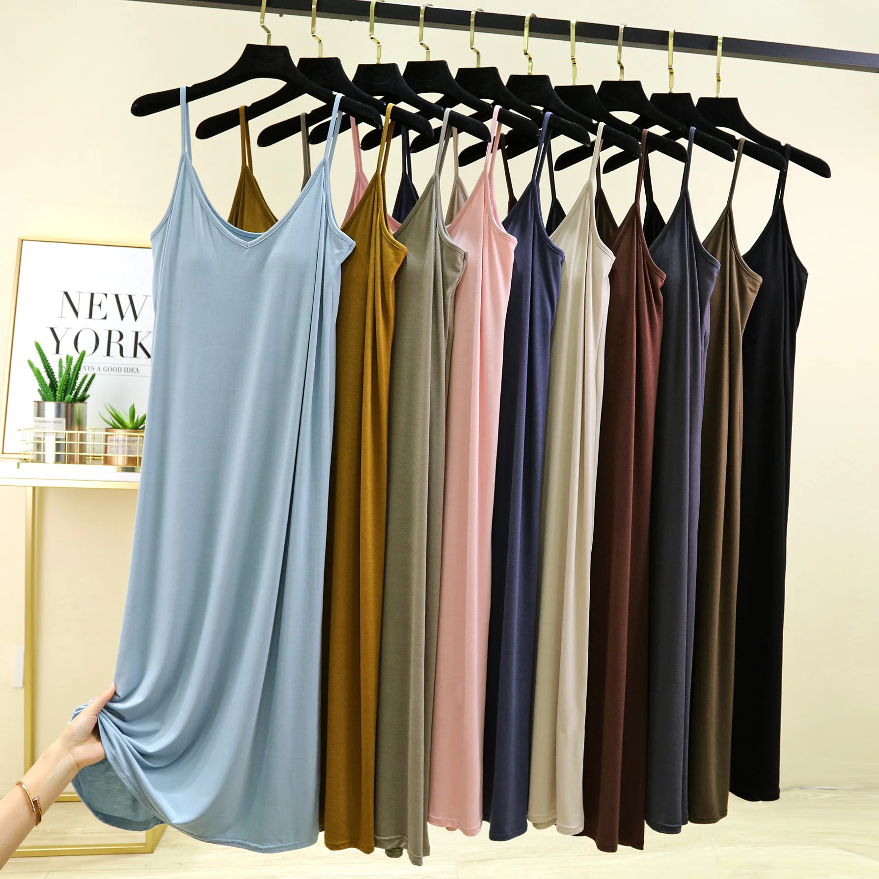 

V-Neck Spaghetti Strap Dress Bra Padded Summer women's slipdress Solid color Camisole Homewear dresses Comfortable Sleepdress