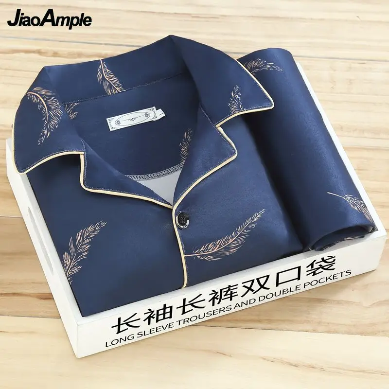 100% Upscale Men's Pajamas 2022 Autumn Winter Cotton Long Sleeved Trousers Pijamas Homewear 2 Piece Korean Elegant Sleepwear Set