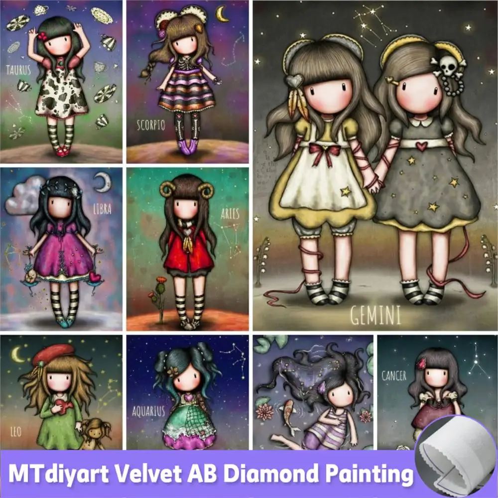 Velvet Diamond Painting Cartoon Girl Dolls Constellation Full Drills Embroidery Portrait Rhinestones Picture AB Home Decor