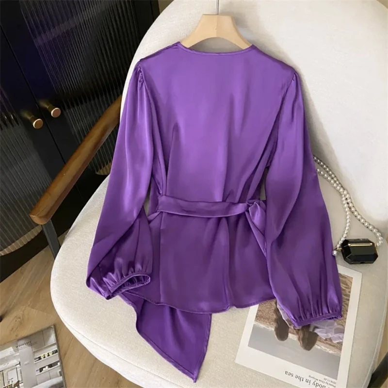 Women Korean Fashion Lace Up Elegant Shirts 2024 Spring Autumn Office Lady Commute Long Sleeve Blouses Purple V Neck Slim Tops