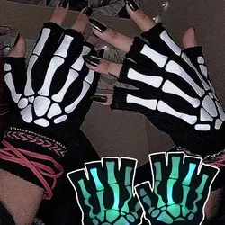 Unisex Halloween Skull Gloves Punk Luminous Glow in The Dark Skeleton Half Finger Glove Cosplay Non-slip Wrist Stretch Mittens