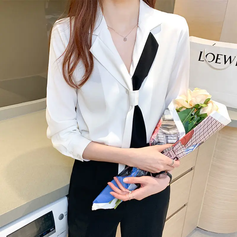 Chiffon Weiß Büro Hemd Tops Kontrast Patchwork Lose Alle-spiel Elegante Bluse Frühling Herbst Neue Koreanische Mode Frauen Kleidung