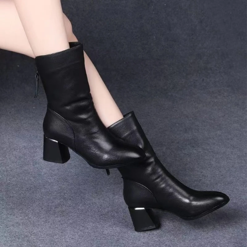 Women Versatile Leather Boots Fashion Antislip High Heels Female Casual Comfortable Boot External Wear Trendy Shoes