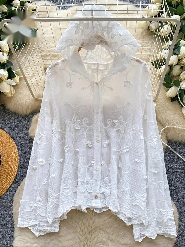 

Linen Cotton Embroidery Hooded Top 3D Texture Versatile Women Casual Shirt Spring High Quality Floral Lace Lazy Blouse