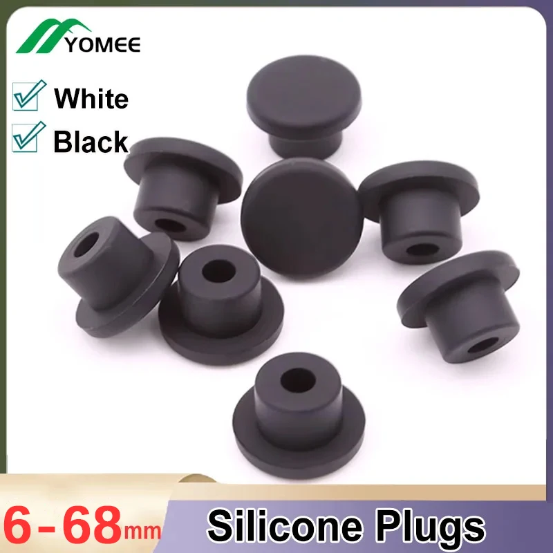 Food Grade Silicone Rubber Plugs With Hole T type Inserts Blanking End Caps Water Pipe/Test Tube Stopper Black 6.8-68.8mm