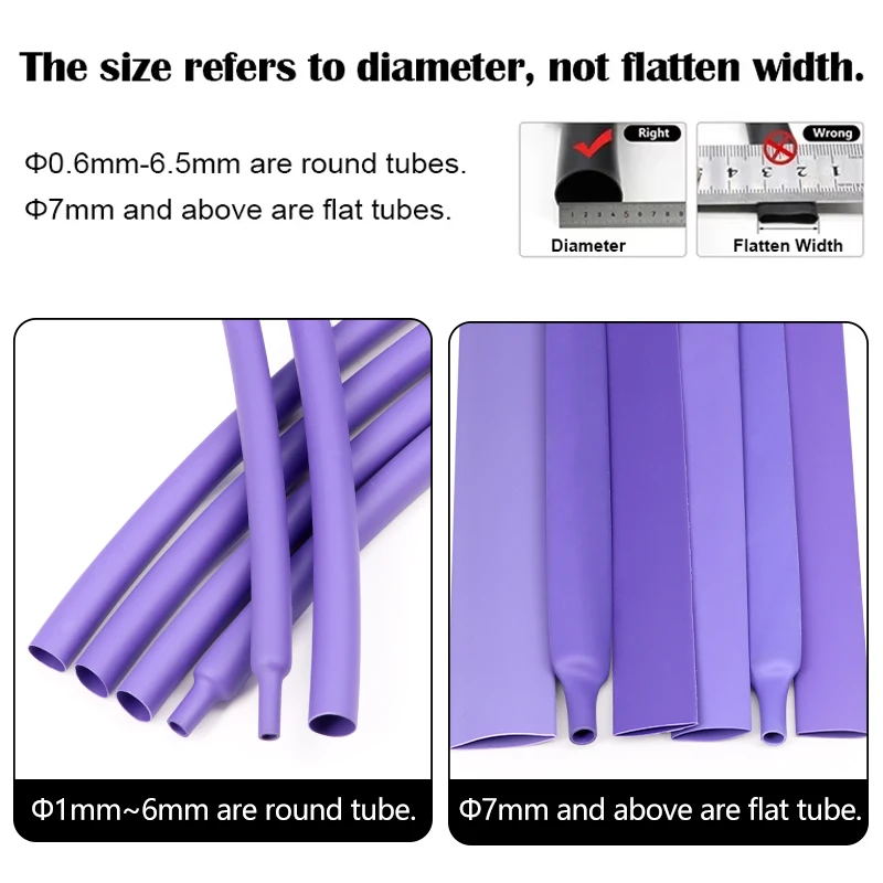 1-10m Purple 2:1 Heat Shrink Tube Diameter 1mm~50mm Wire Cable Repair Wrap Sleeving DIY Polyolefin Waterproof Insulation Tubing