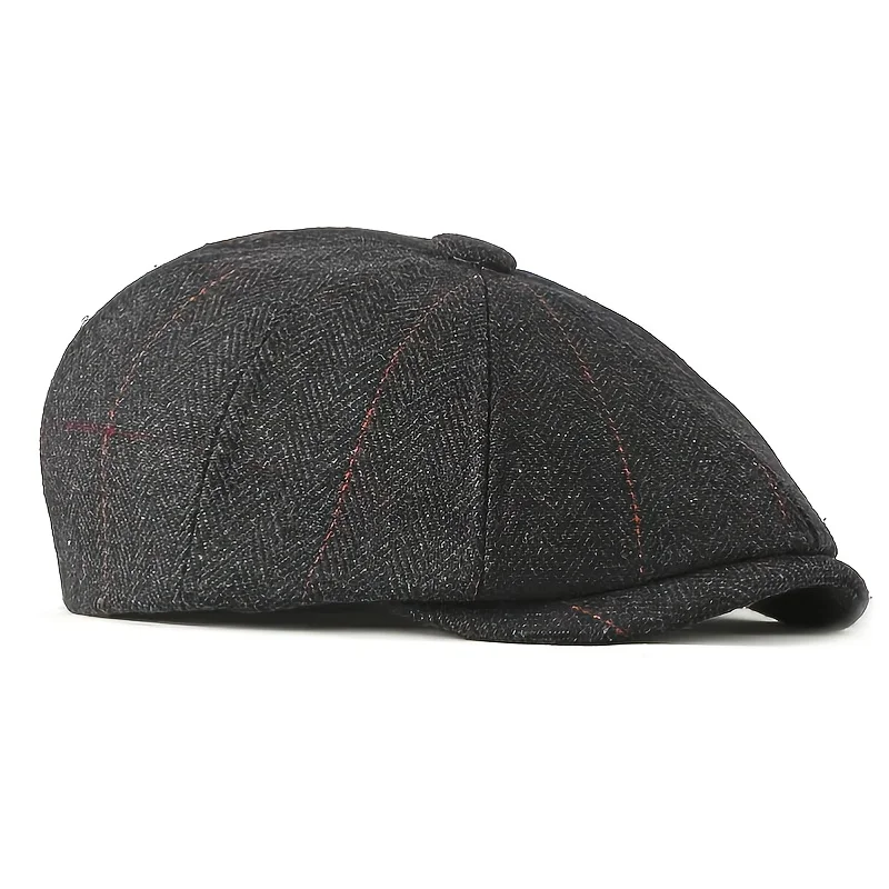 Retro Newsboy Caps für Herren, britische Malerhüte, Frühling-Herbst-Baskenmützen, Fischgrätmuster mit roter Linie, flache Mützen, Hip-Hop-Baskenmützen – Detail 4