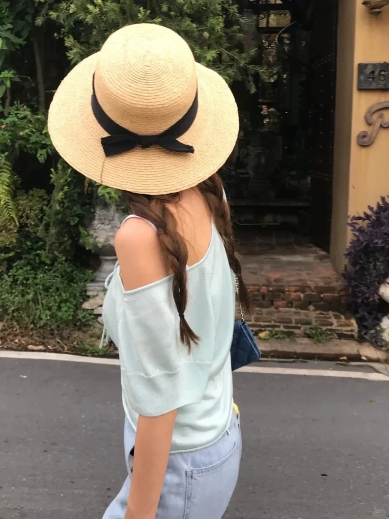 슬림핏 타나트 빈티지 브이넥 니트 반팔 티셔츠 여성용 여름 땀 흡수 라운드넥 탑 나비 매듭 디자인