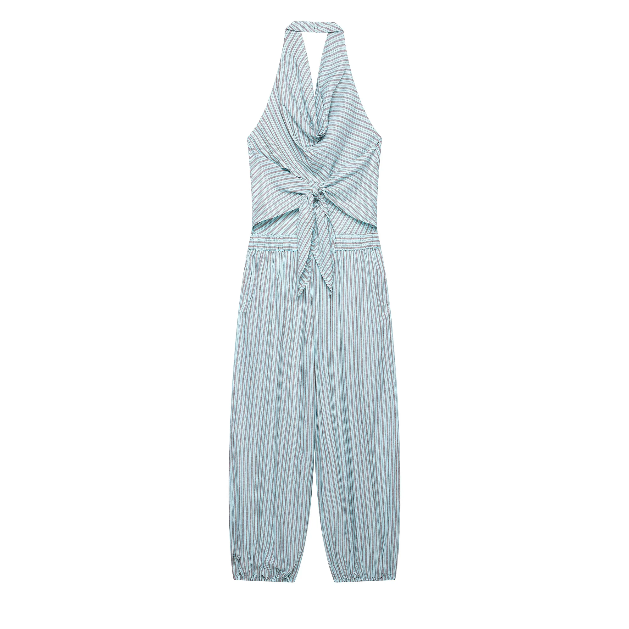 Women Y2K Elegant Striped Halter Long Jumpsuit 2026 Summer Trendy Holiday Leisure Playsuits Chic Ladies Sleeveless Jumpsuit