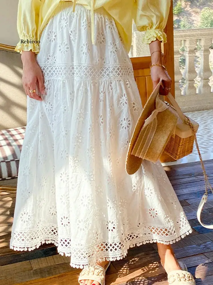 2023 Summer Fashion Boho White Lace Hollow Out Maxi Long Skirt Women High Waist A Line Pleated Skirt Female