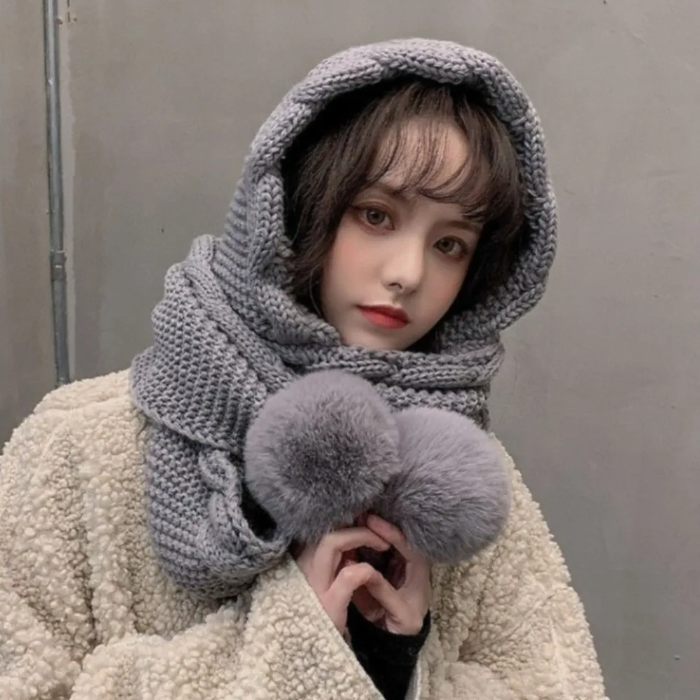 

Cute Twist Knitted Hat Scarf Set Ear Protection Windproof Women Hooded Scarf Korean Style Soft Cycling Balaclavas Hat Winter