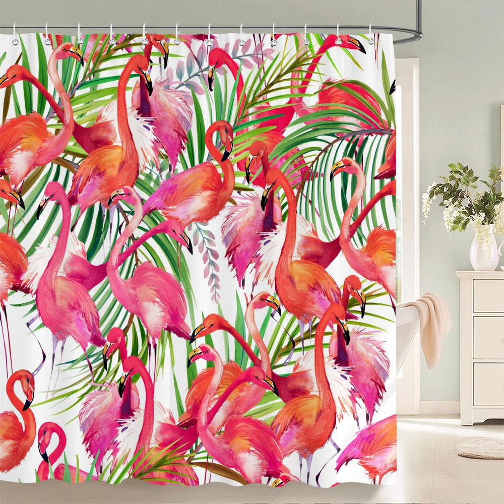 

3D Flamingo Print Shower Curtain Set With Hooks Nordic Style Pink Birds Flower leaves Waterproof Fabric Home Bathroom Curtains