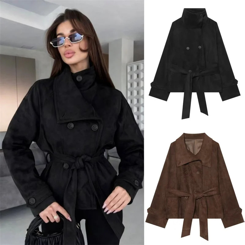 Guobioziy 2026 Fall/Winter New Women's Jacket Suede-Texture Belt Loose Fit Jacket Coat Trench Parka Stylish and Trendy