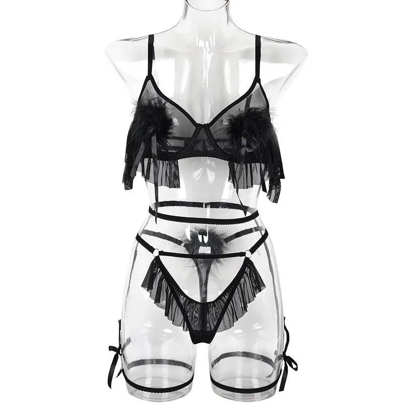 Tornova Sexy Lingerie Sexy Clothes Women Lingerie Hot Poppy Ball Pleated Perspective Mesh Steel Ring Gathering Sexy Lingerie Set