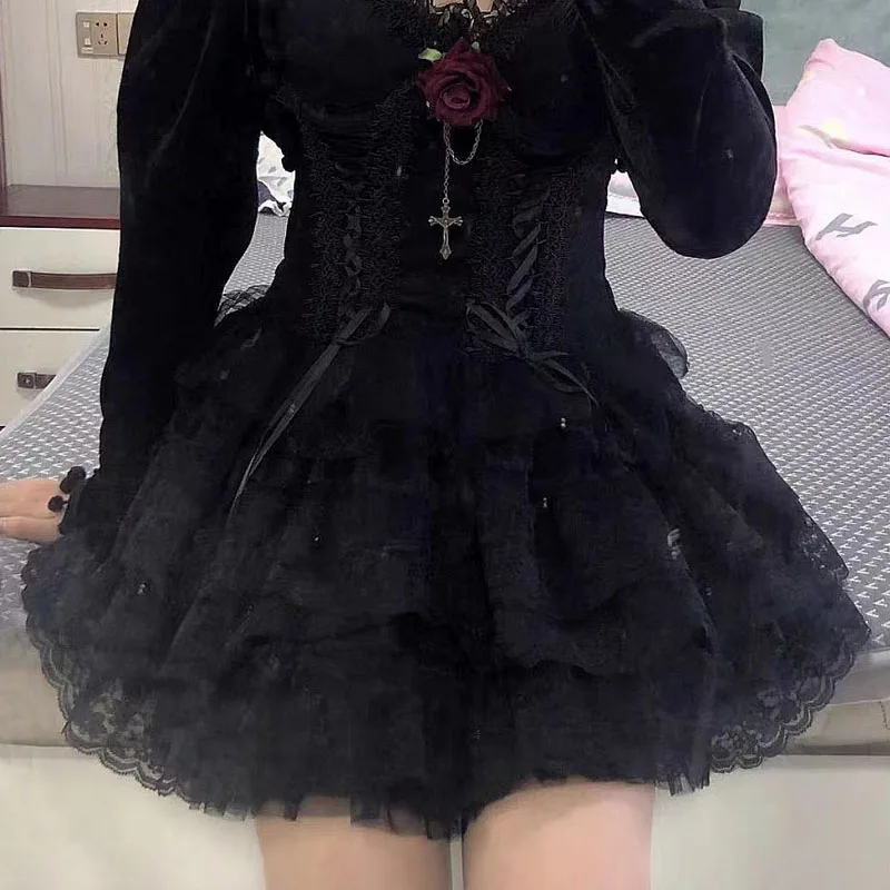 Rok pendek renda manis Harajuku Y2k rok Tutu Lolita Jepang menari Kawaii wanita rok kue jala renda Multi lapisan