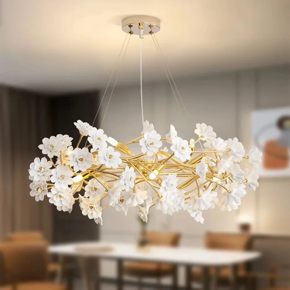 

French White Flower Chandelier for Living Room Bloom Ceramics Bedroom Girl's Room Romantic Ceiling Hanging Pendant