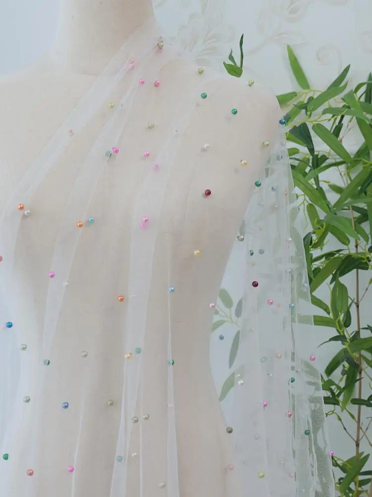 

Soft Silky Pearl Mesh Fabric American Mesh Nail Encrypted Wedding Dress Dessert Table Decorative Tulle Fabric