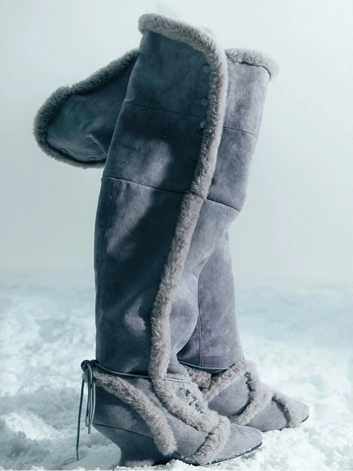 

Winter Retro Plush Fur Over-the-Knee Boots with Unique Heel Pointed Toe Lace-up - Warm Stylish Outerwear Long Boots For Women