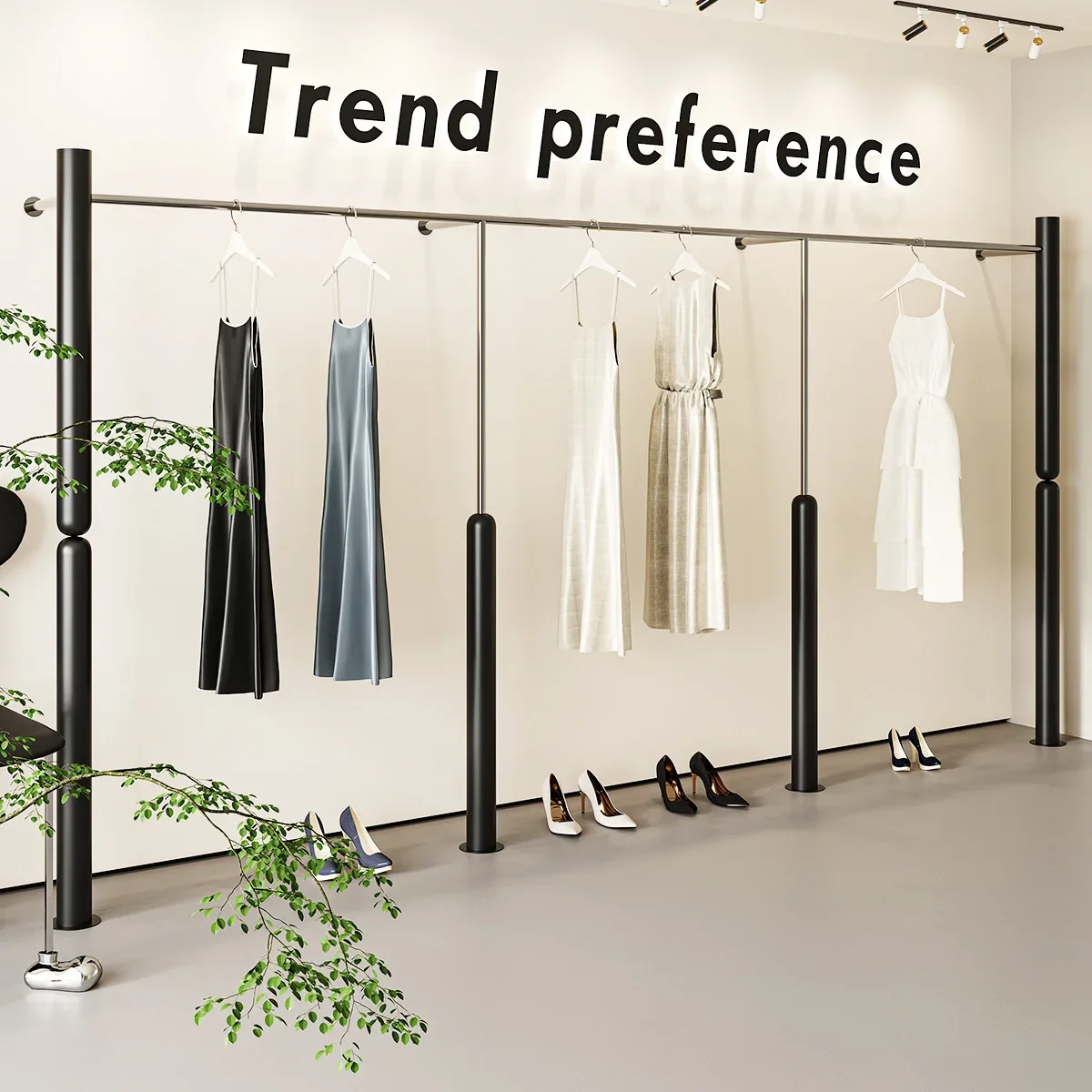 New clothing store black paint with stainless steel brushed men's and women's wall hanging shelves, clothes rod display racks