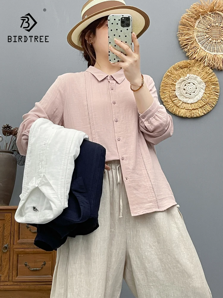 

New 2025 Autumn Cotton Yarn Long Sleeve Shirt, Women Turn-down Collar Hollow-out, Mori Girl Fashion Casual Loose Blouse T58753CC