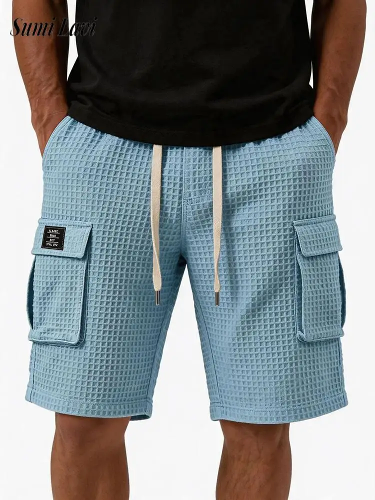 

Vintage Mens Drawstring Loose Cargo Shorts Summer Casual Waffle Plaid Shorts Men Stylish Multi Pocket Straight Shorts Streetwear