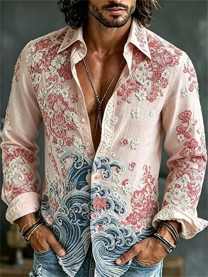 New Retro Vintage Long Sleeved Shirt With Calligraphy Octopus Print Ethnic Patchwork Lapel Casual Men's Shirt