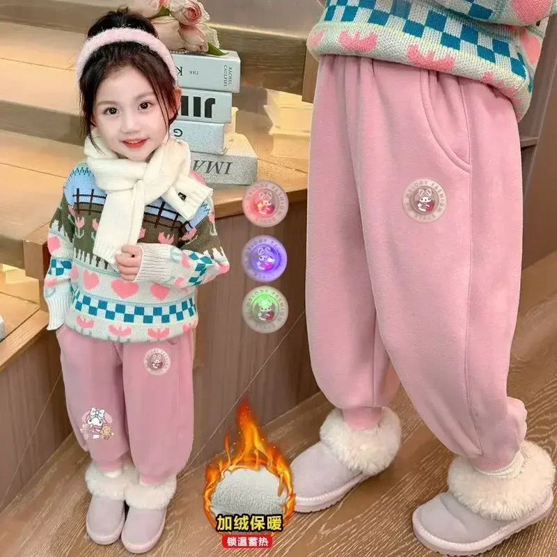 

My Melody Anime Kuromi MINISO Ins Luminous Pants Autumn Winter Cute Cartoon Kawaii Fleece Warm Trousers Toys Gifts for Kids